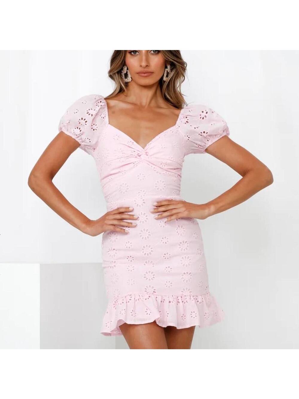 Hello Molly Pink Eyelet Puff Sleeve Mini Dress Size 2
